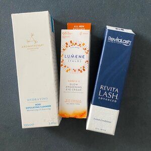 Aromatherapy Rose exfoliating face wash, Lumene eye cream and RevitaLash eyelash